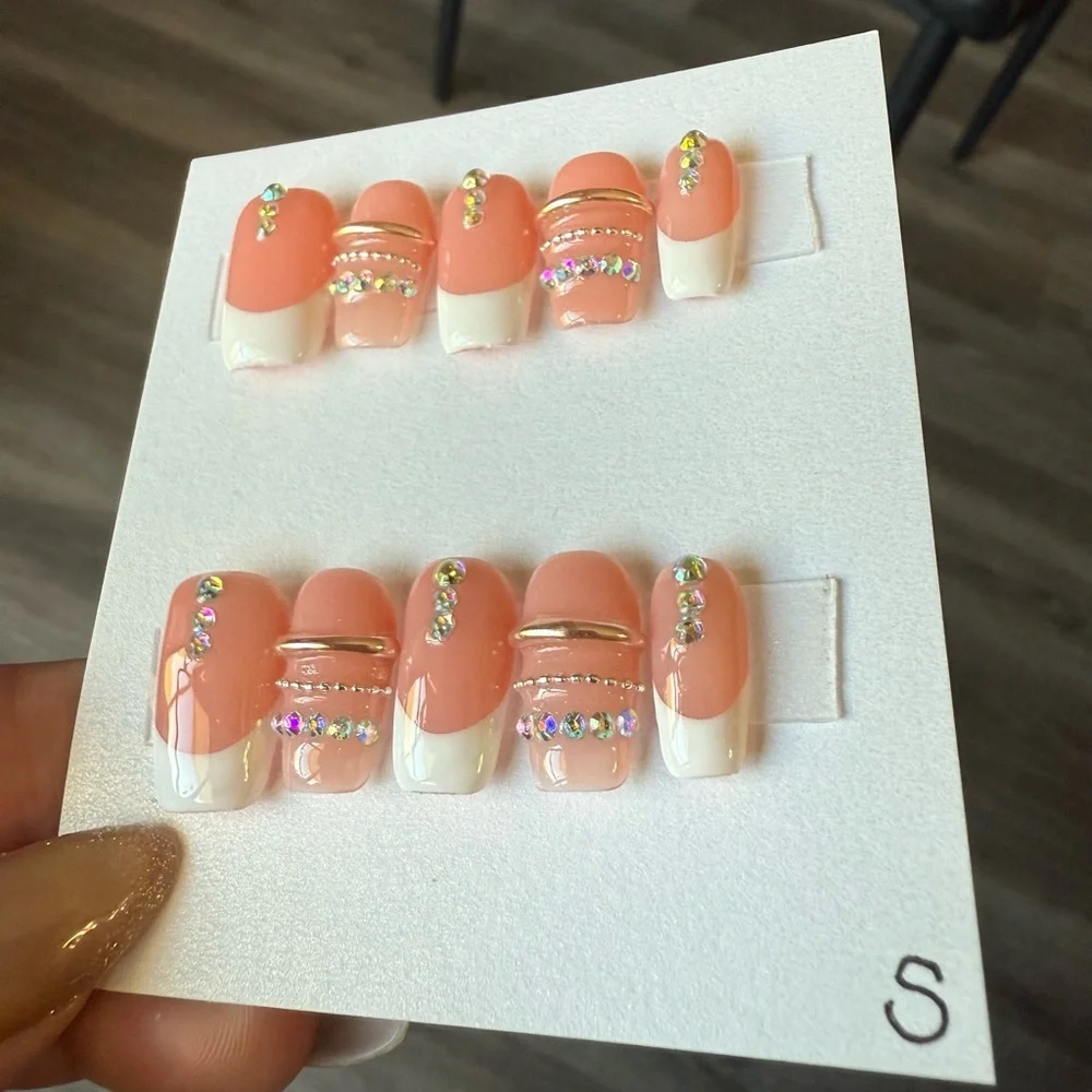 Nude and White Rhinestone Nail Set - Picture 2 of 4